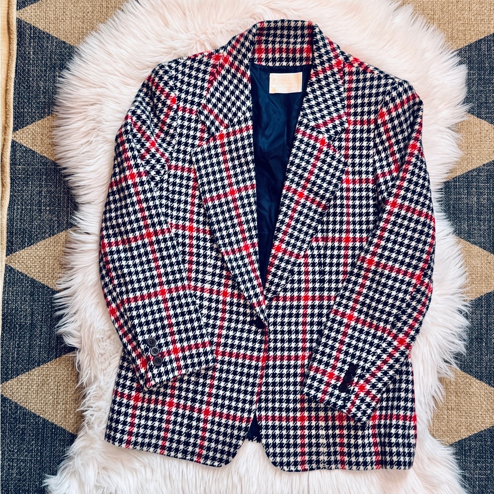 Pendleton Red & Navy Houndstooth Plaid Vintage 90’s Wool Blazer